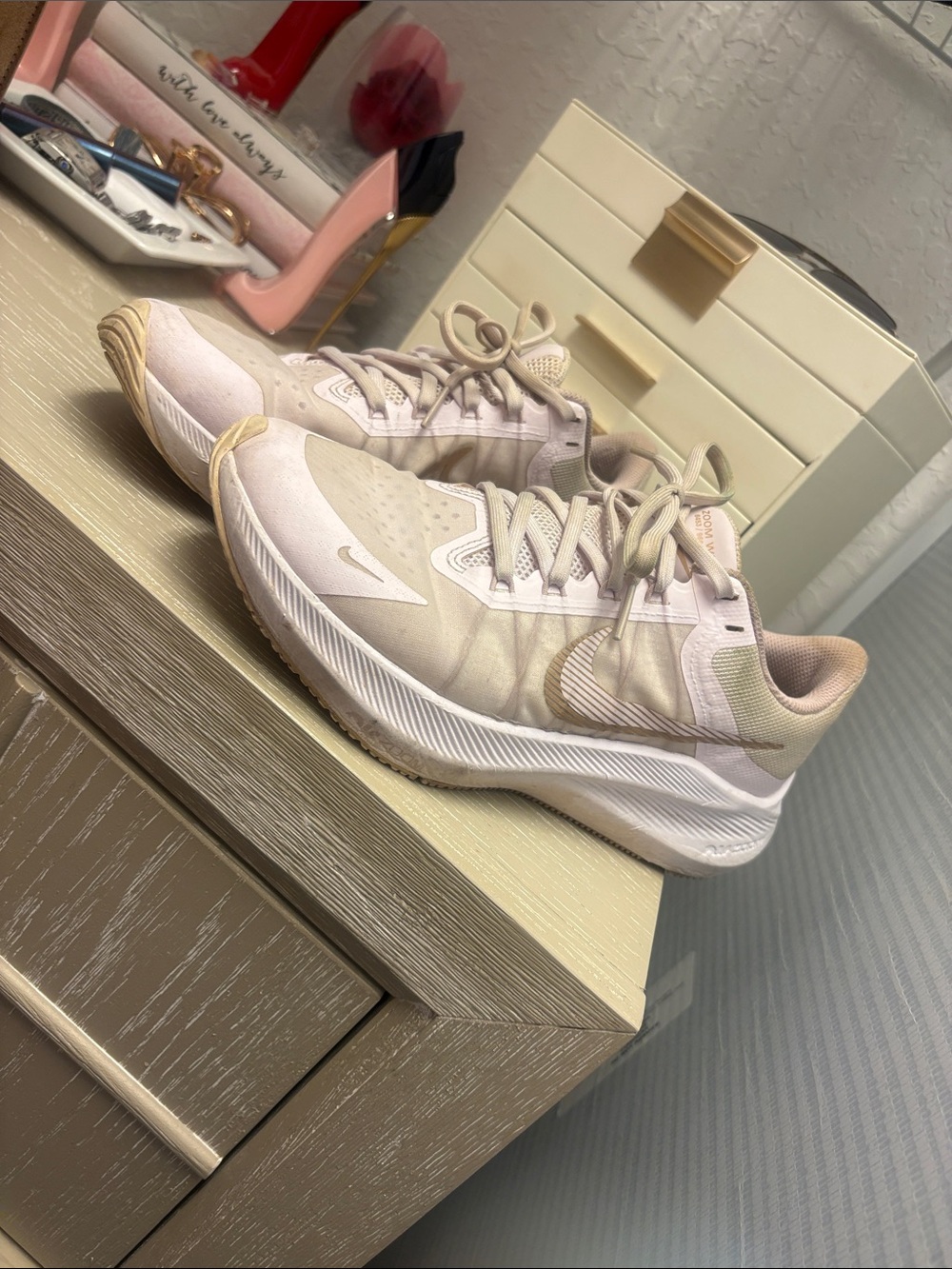 Nike Women's Beige and Light Pink Cross-Training Sneakers